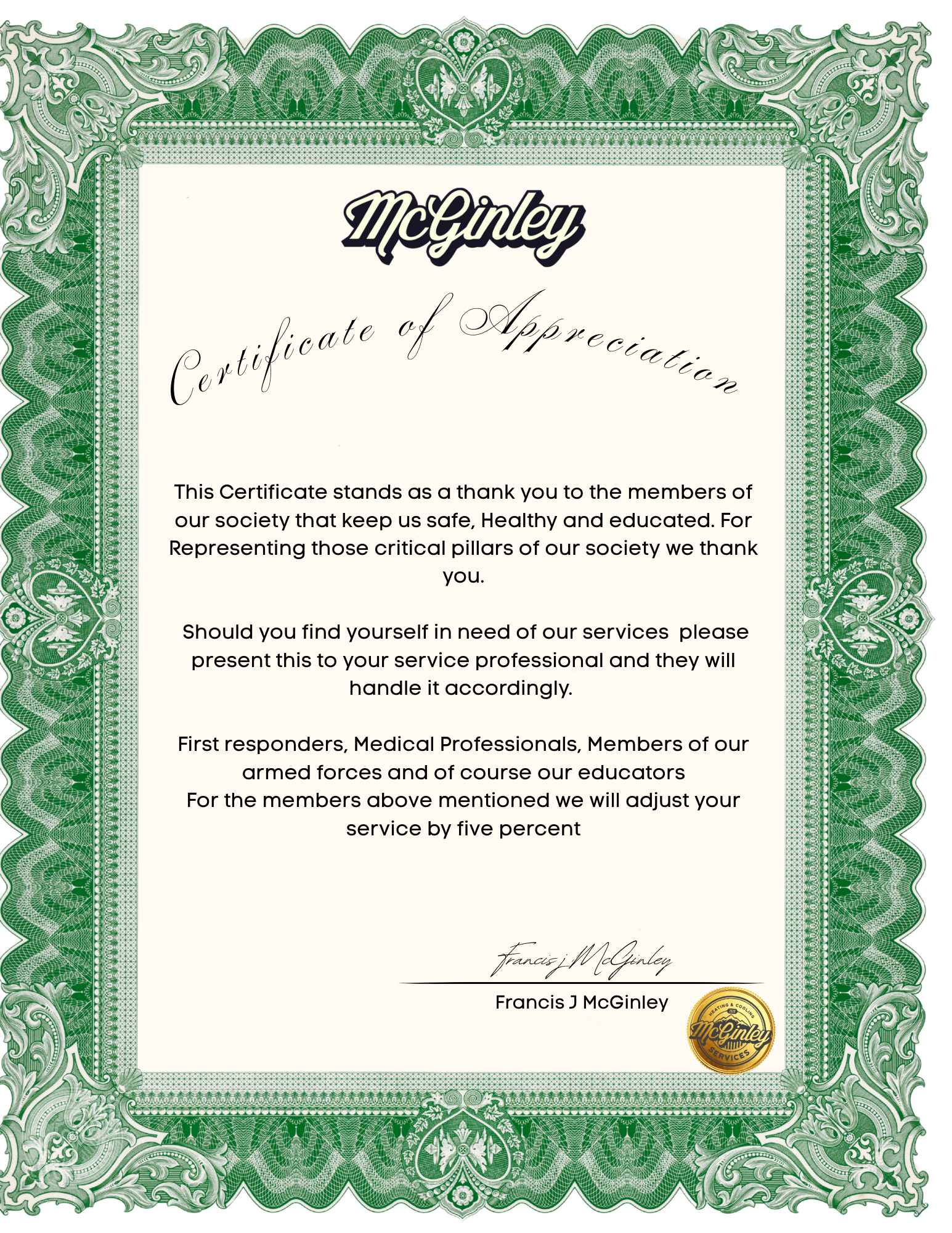 Certification of Appreciation